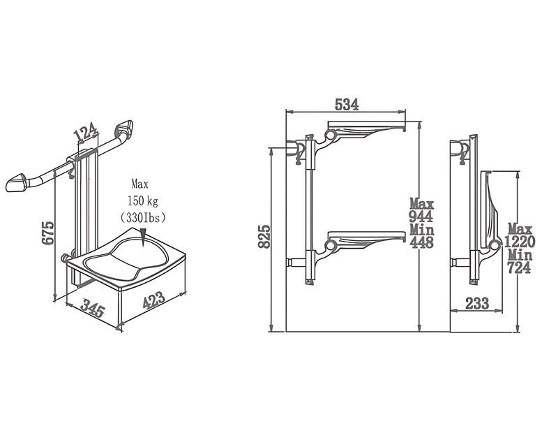 Asiento de baño colgante ajustable de altura SA-C425+ extensible