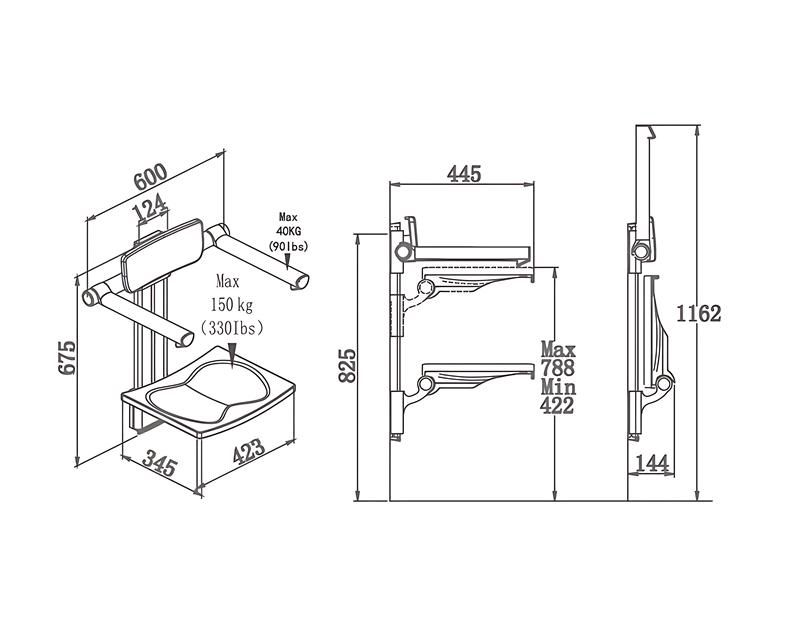 SA-B425+B-BF340 Silla de ducha ajustable de altura con respaldo y reposabrazos
