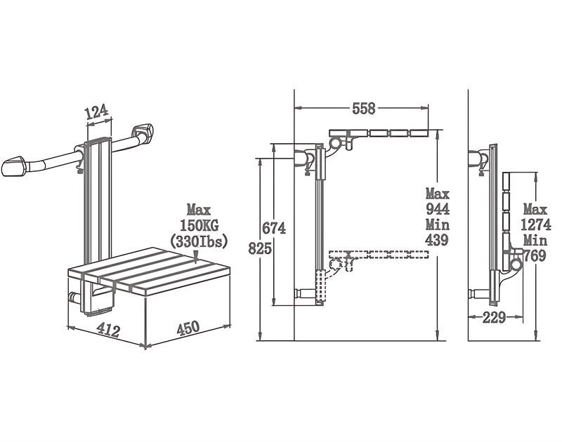 Asiento de baño de madera colgante ajustable SA-C450+ altura